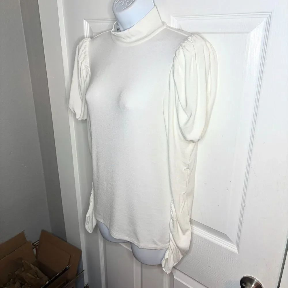 Rebecca Taylor Port Mutton-Sleeve Mock Neck Top White Cotton Blend Long Sleeve M - Picture 8 of 12